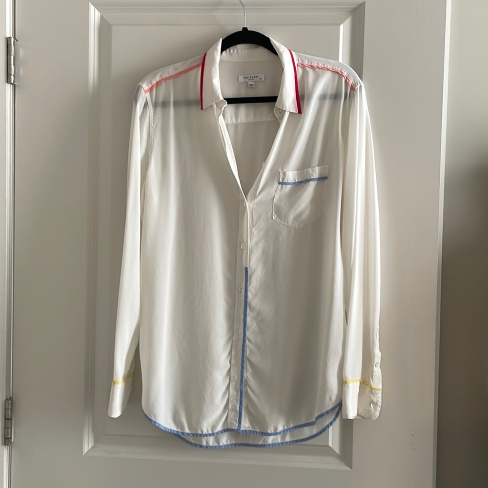 French girl white silk button-down shirt